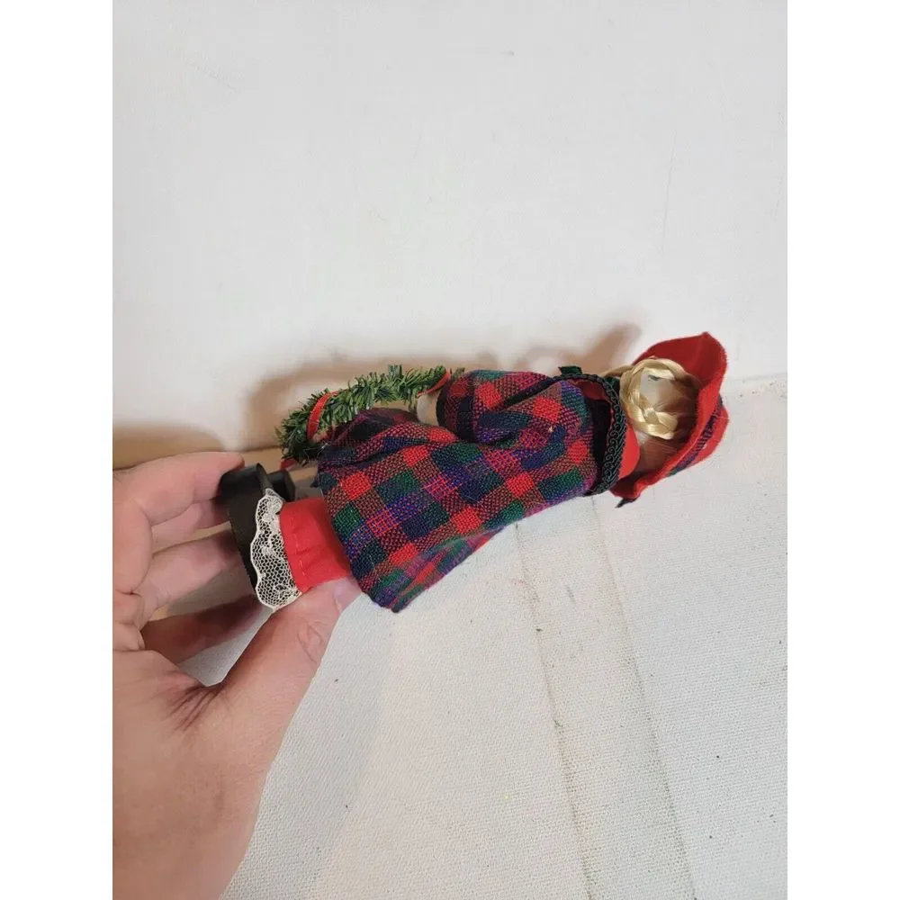 Wood Girl Christmas Wreath Red Green Plaid‎ Felt Hat Blond Hair R.O.C. Holidays